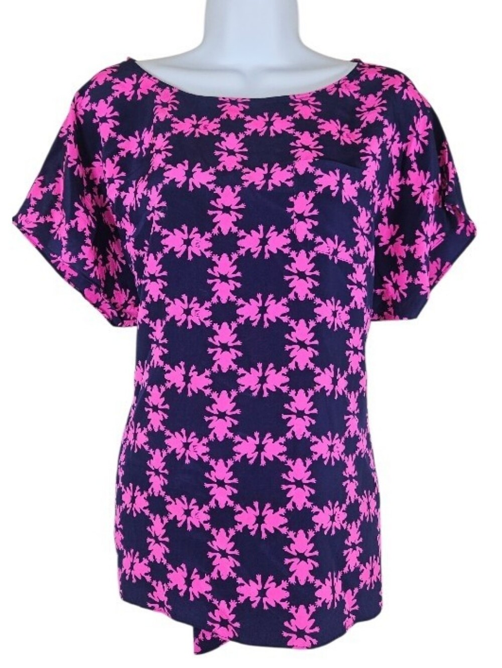 Lilly Pulitzer pink blue geometric silk blouse top Womens Large